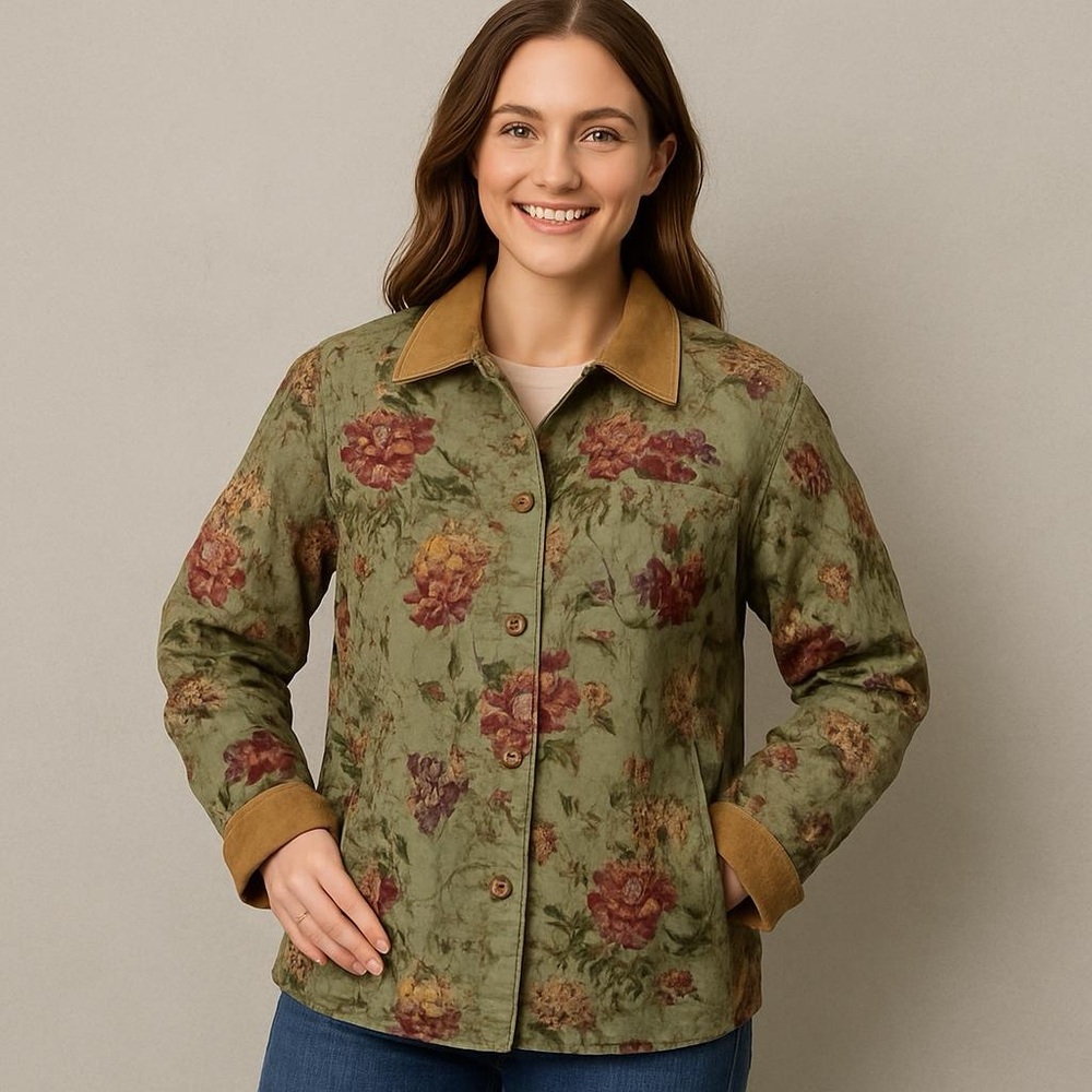 Vintage Coldwater Creek Green Floral Canvas Gardening Cotton Chore Barn Jacket